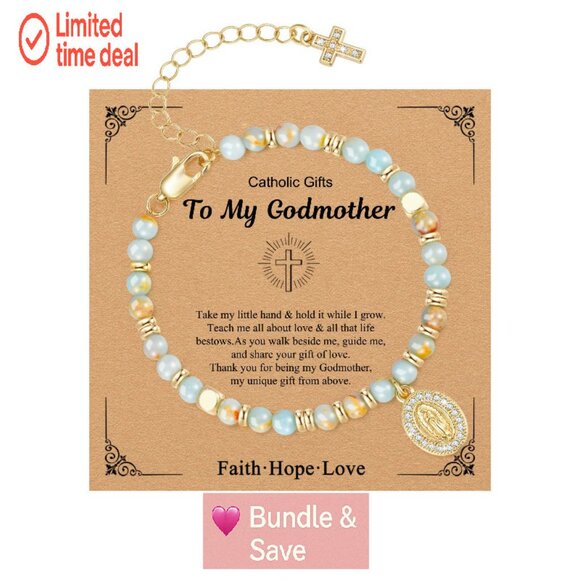 14K Gold Plated Virgin Mary Cross Bracelet Adjustable Dainty Beaded - Picture 1 of 8